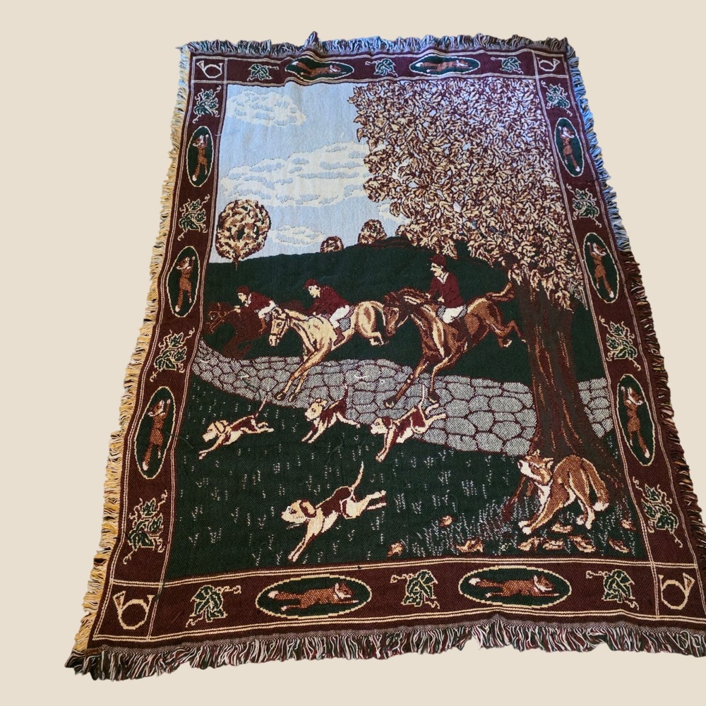 Vintage Fox Hunt Equestrian Tapestry Throw Blanket 63x45 Old Money Preppy Horses